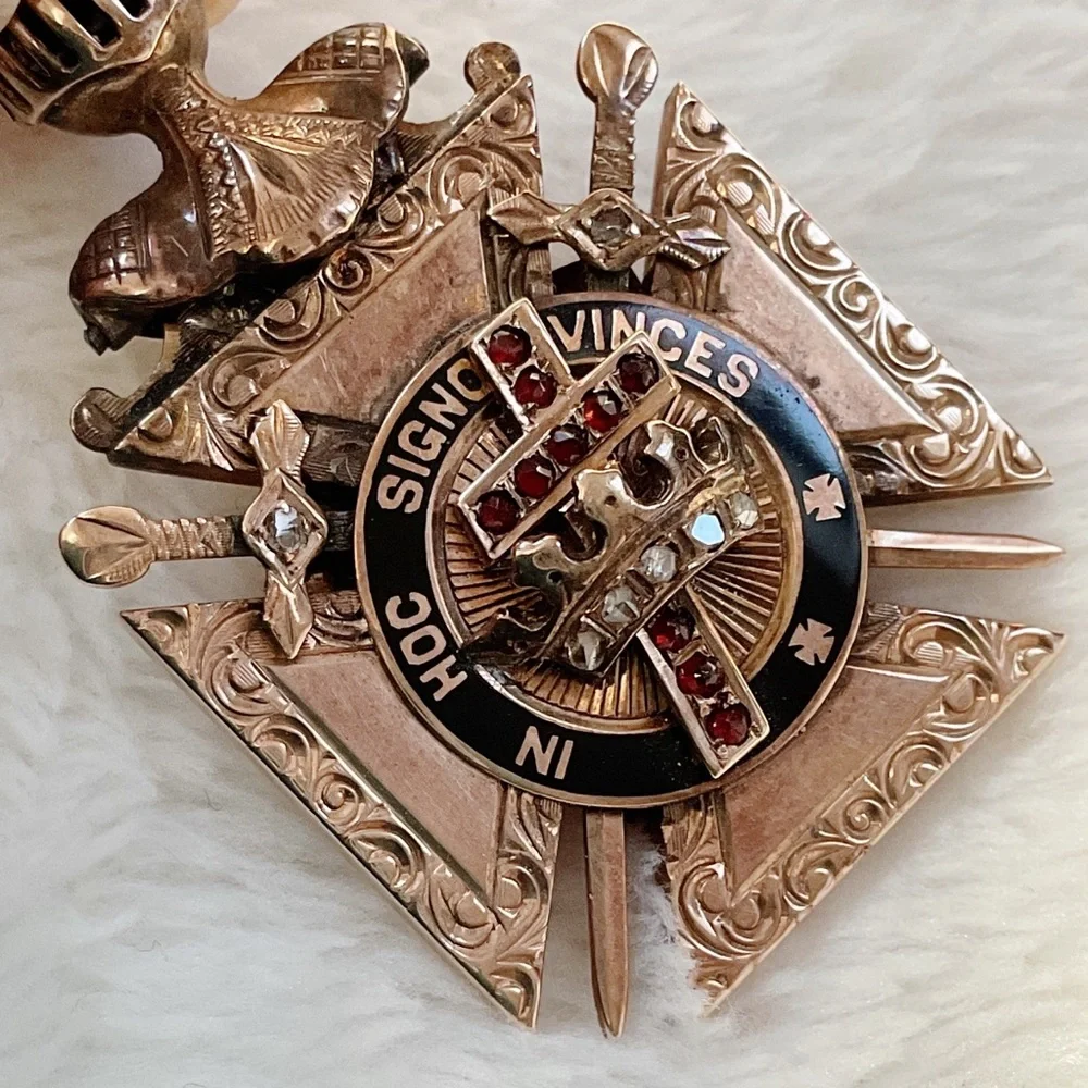 Antique 10K Gold Knights Templar Jeweled Pendant – Garnet Diamond Cross Masonic